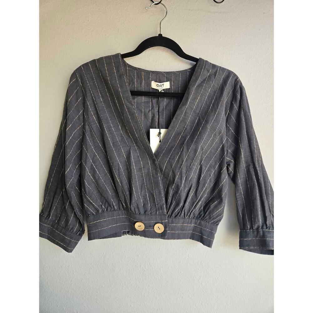 OAT New York Pinstripe Wrap Blouse Surplice Cropped Top Size S‎